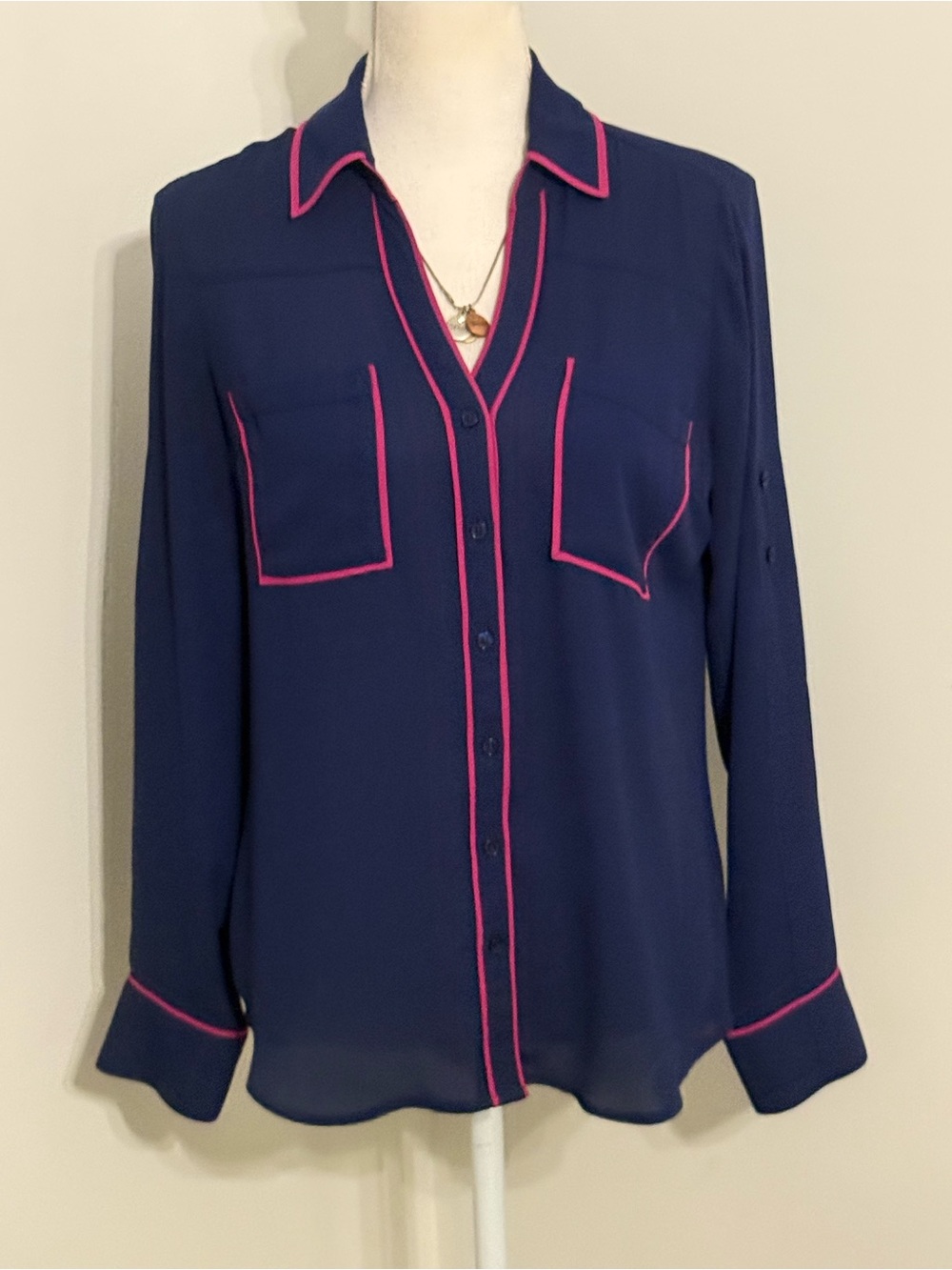 Express Navy Button-Down Shirt with Pink Piping